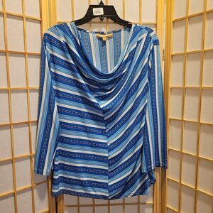 Ellen Tracy Womens Striped Cowl Neck Stretch Blouse Sz XL